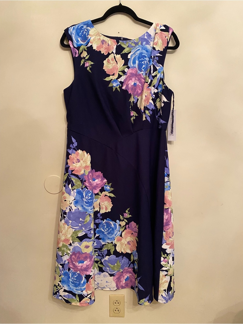 London Style Collection Sleeveless Navy Floral A-Line Dress Size 16 NWT